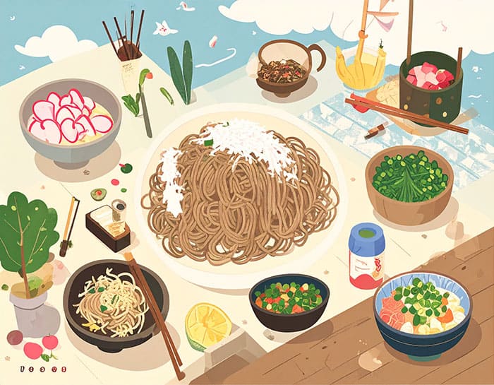 越前そばやおろし蕎麦など、福井名物の蕎麦のイラスト