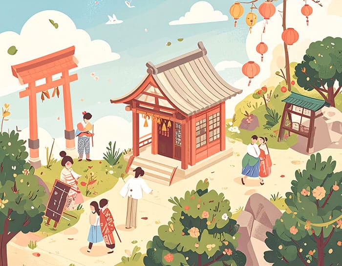 鳥居や仏像が並ぶ、福井の神社と仏閣を表現したイラスト